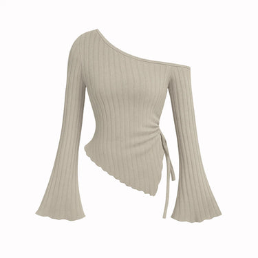 Beige ribbed asymmetrical long sleeved top with one shoulder design on a white background